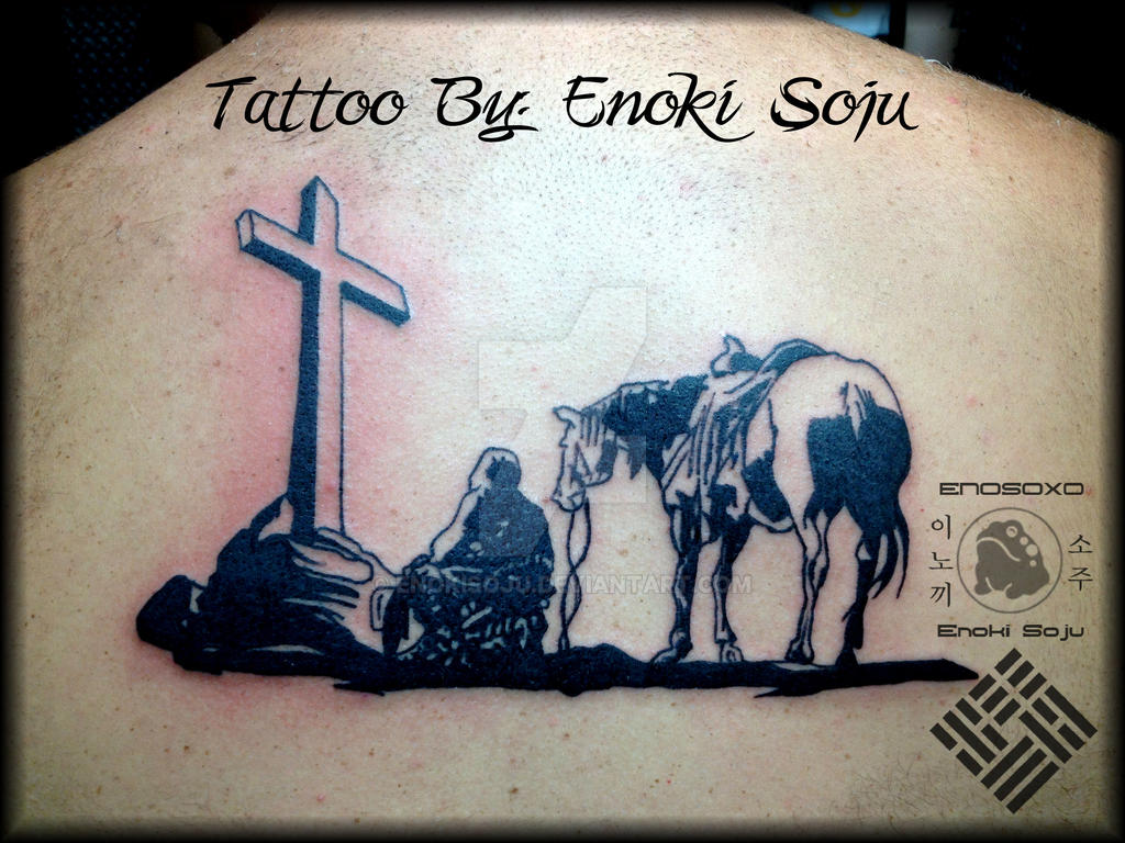 Kneeling Cowboy Horse Cross Tattoo By Enoki Soju by