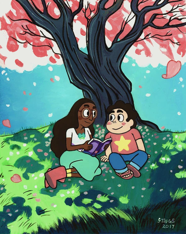 This piece is a gift for my friend who wanted Connie and Steven reading under a tree. Pearl's tree seemed appropriate. It's 8x10" acrylic on illustration board.  Disclaimer: "Steven Universe" ...